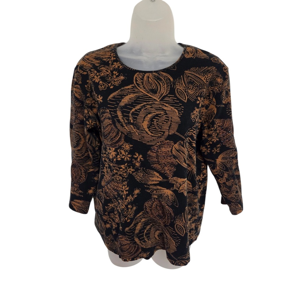Womens Black Copper Floral Metallic Knit Top 3/4 Sleeve Crew Neck Blouse